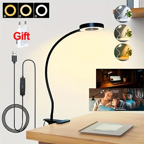 LED Desk Lamp Clip Light Rechargeable Dimmable Gooseneck Reading Light Office Lamp Plant Growth Light Portable Table Lighting