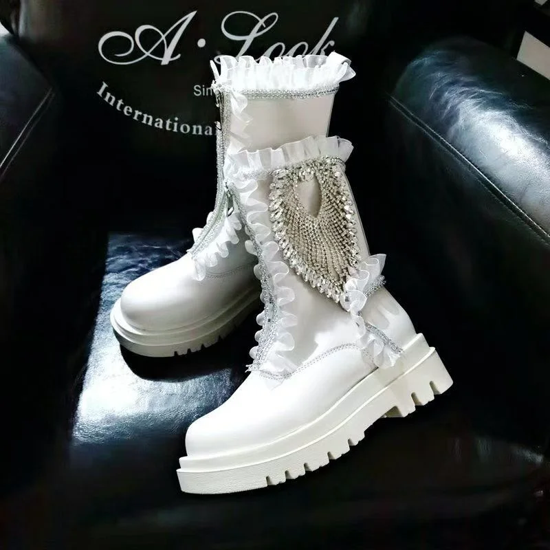 Heavy lace rhinestone accessories Wedding party Banquet women's boots Handmade custom white tall women's single boots 35-40