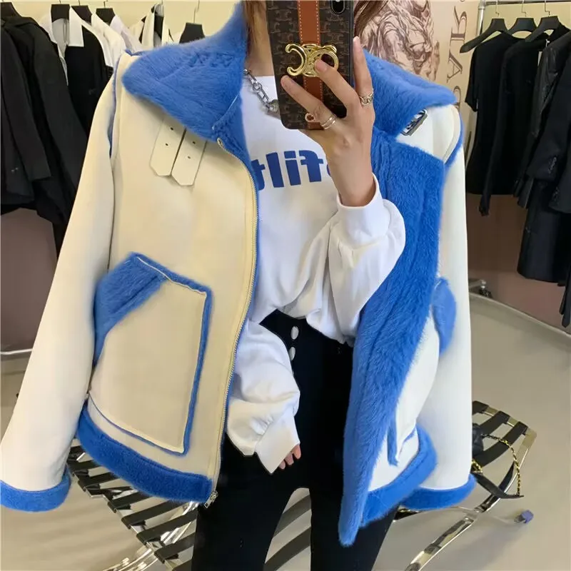 Women Fashion Thick Warm Faux Leather blue Shearling Jacket Coat Vintage Long Sleeve Flap Pocket Female Outerwear Chic Tops