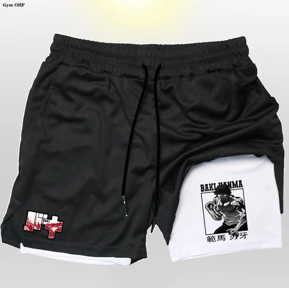 Anime Baki Hanma Herren Shorts Sport 2 in 1 Fitness studio Joggen Lauftraining atmungsaktive Fitness Doppels chicht versteckte Tasche kurze Hosen
