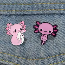 Axolotl Hexagon Enamel Pins Custom Cute Pink Kawaii Animal Brooches Lapel Badges Cartoon Jewelry Gift for Kids Friends