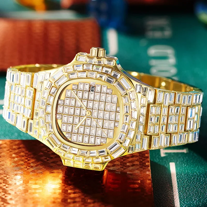 Luxury Man's Quartz Watches Diamond Studded Starry Sky Square Diamond Calendar Waterproof Luminous Watch Stainless Steel Strap