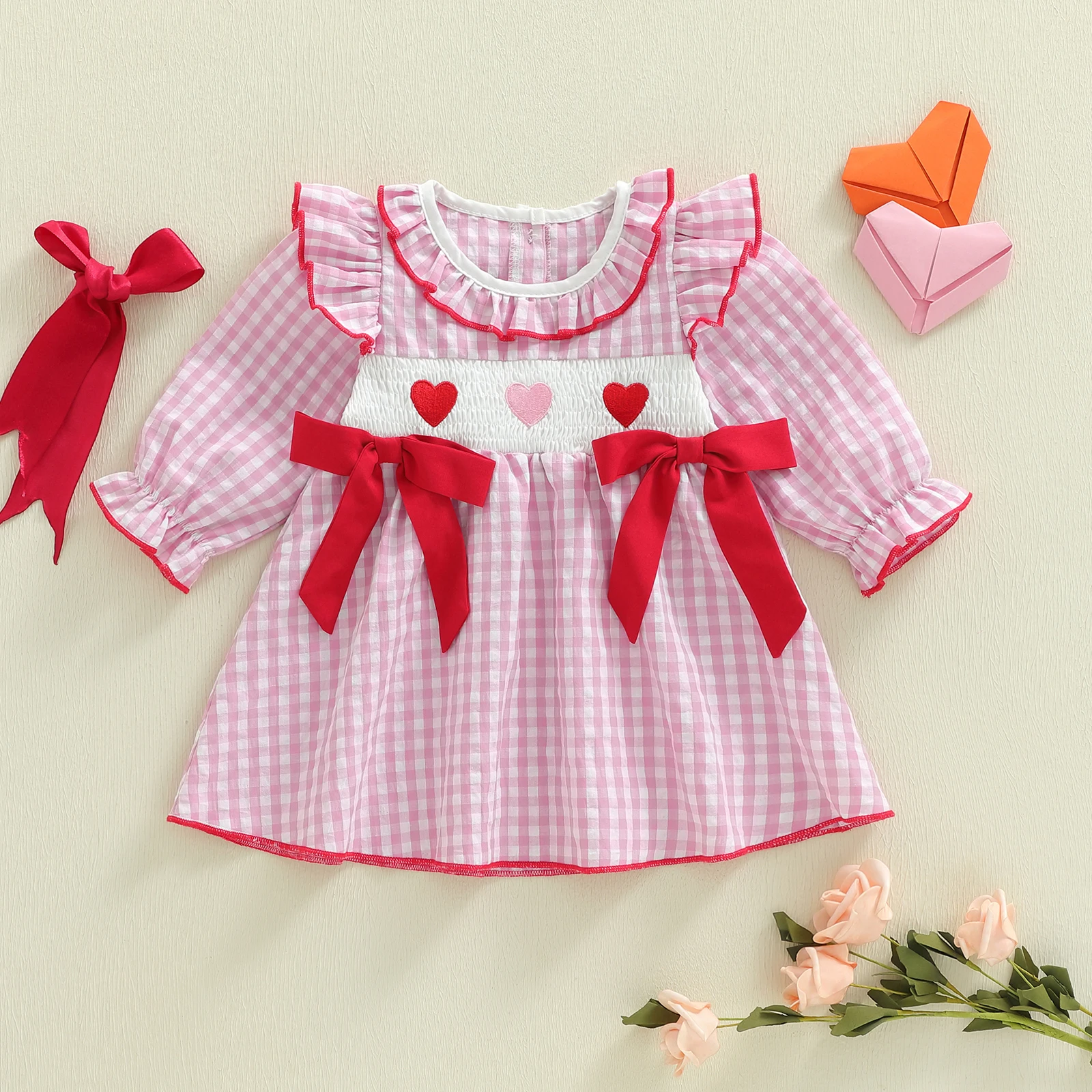 Little Girls Valentine s Day Dress Long Sleeve Ruffled Round Neck Embroidery Plaid A-line Dress 6m-4t