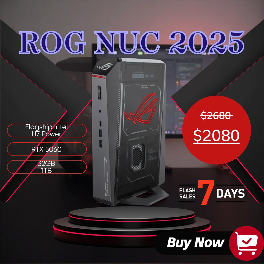 

ASUS ROG NUC 2025 Compact Gaming Desktop Intel Core Ultra 7 255 CPU NVIDIA RTX 5060 GPU 32GB DDR5 RAM 1TB PCIe SSD Thunderbolt 4