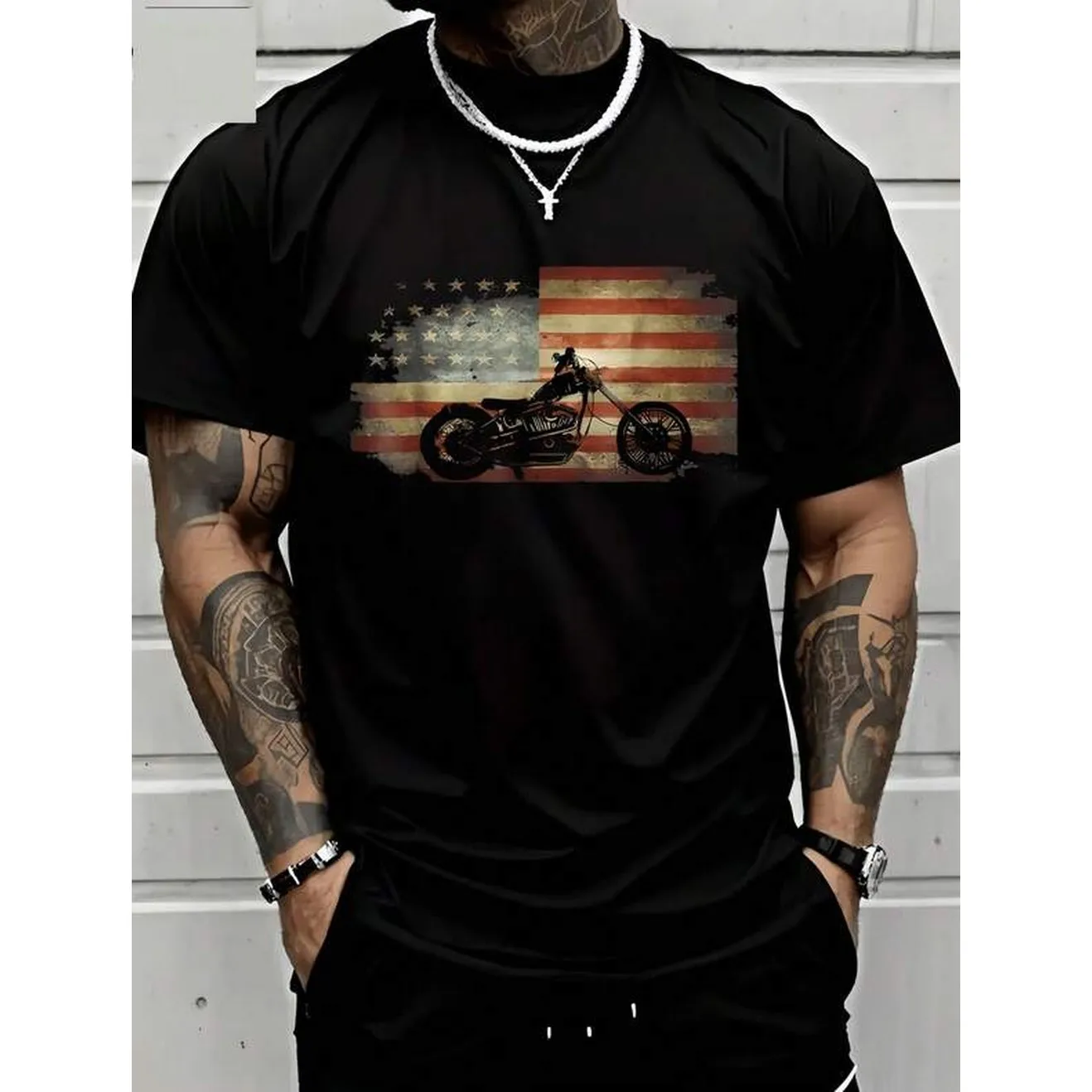 1pc Man's American Flag Motorcycle Print Black TShirt Crew Neck Casual Cotton Tee Medium Stretch Knit Fabric Regular Fit For Boys Man Perfect For //