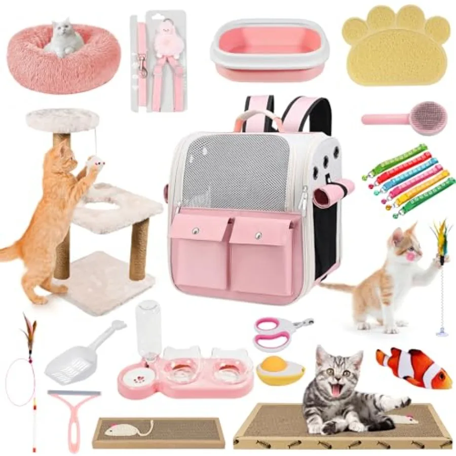 Kitten Starter Supplies 20 pcs Cat Essentials Kit with Pink Cat Bed Carrier Litter Mat Litter Box Collar Bowls and More Perfect