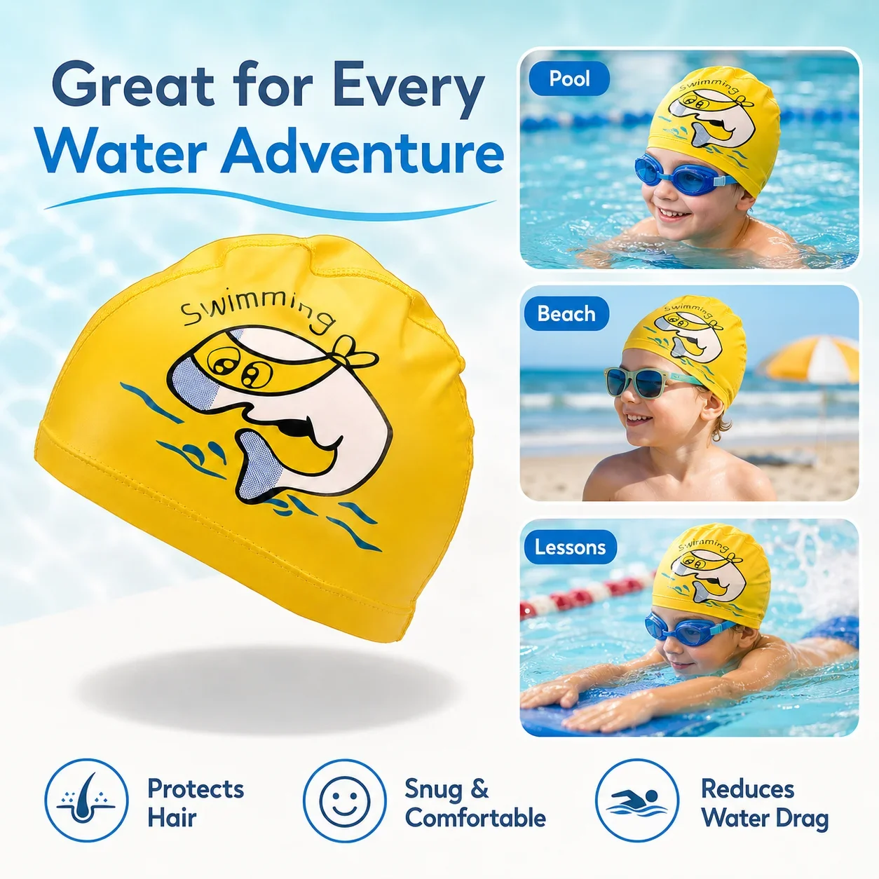 Cute Waterproof Children's Swimming Cap for Kids Waterproof Stretchy Bathing Hat Hair Protection Accessories for Boys Girls