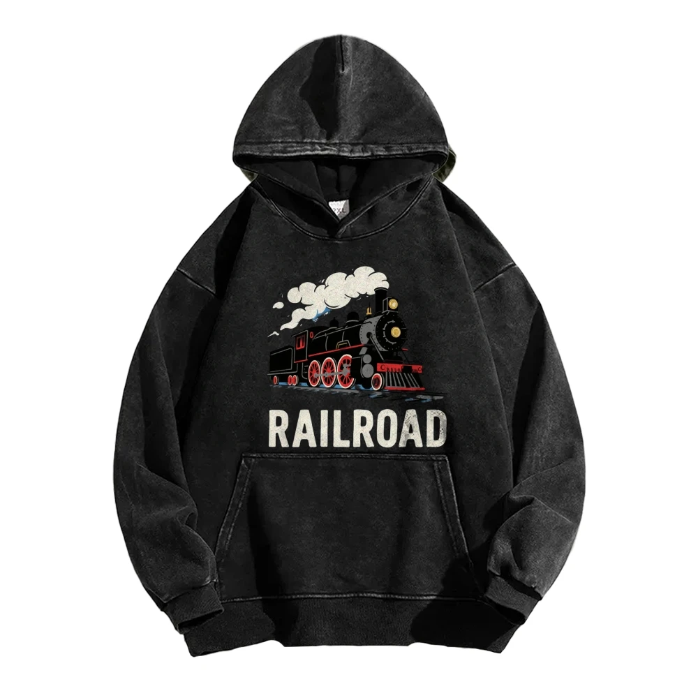 سترة بغطاء للرأس برسومات السكك الحديدية على شكل قطار بخاري عتيق، بلوفر مغسول باللون الوردي القديم مع تصميم قاطرة كلاسيكي لنمط السكك الحديدية العتيق #6