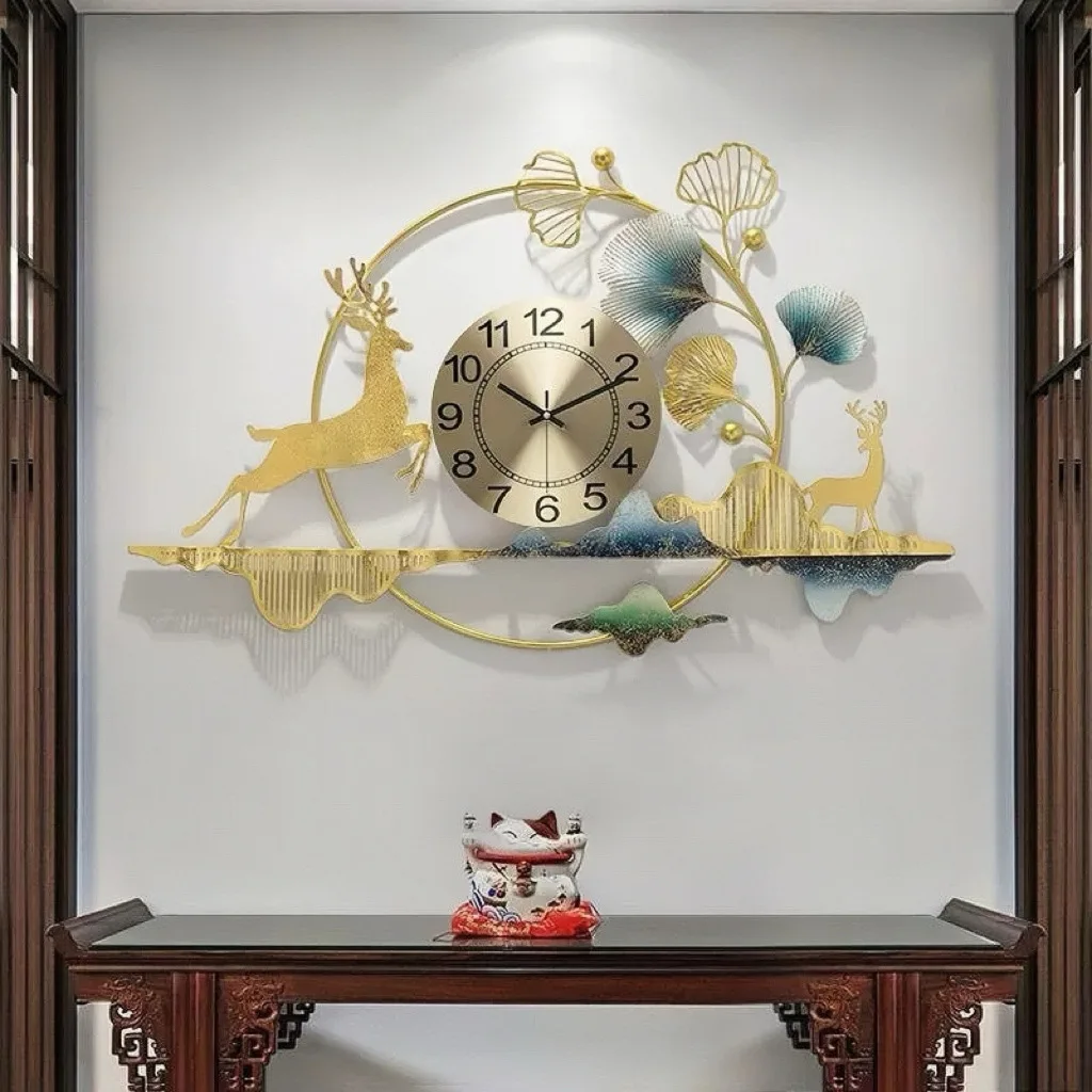 Dining room decoration wall clock ginkgo biloba haute couture clock living room 2025 new atmospheric clock wall watch wrought ir