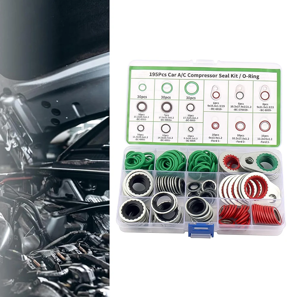 195PCS AC Seal Kit Metal O-rings And Rubber Gaskets For Automotive Air Conditioning Water Pumps Faucets Repairs And Replacements