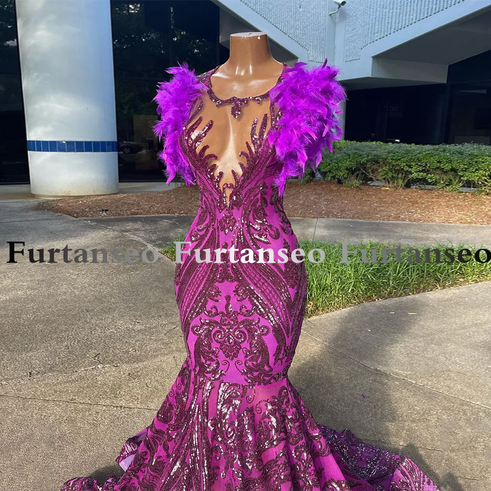 2023 New Mermaid Prom Dress Sequin Applique Colorful Feathers Scoop Illusion Evening Gown Celebrity Party  Custom Made