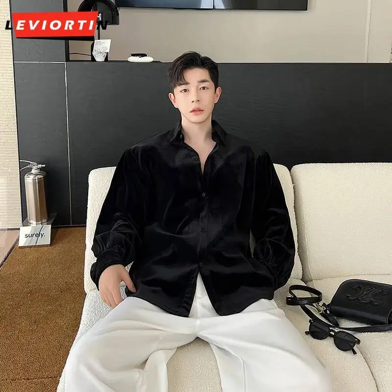 Camisa lisa de alta calidad para Hombre, ropa informal suelta con solapa sólida, Blusa de manga larga, Camisas informales de moda de estilo coreano para Hombre