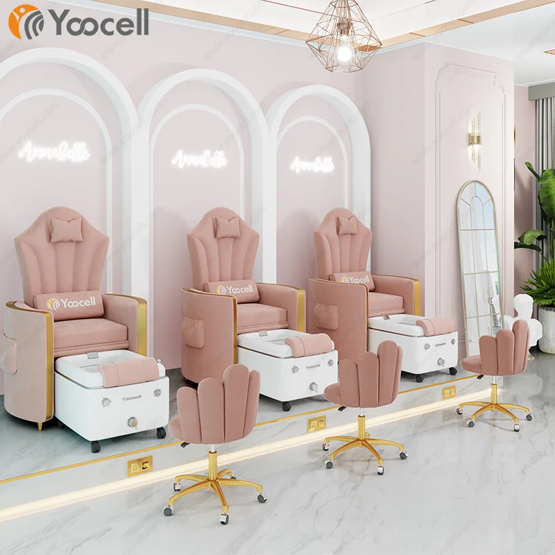 Hot modern pink color silla pedicure spa chair chaise de pedicure with sink bowl LED lights and wave nail chair