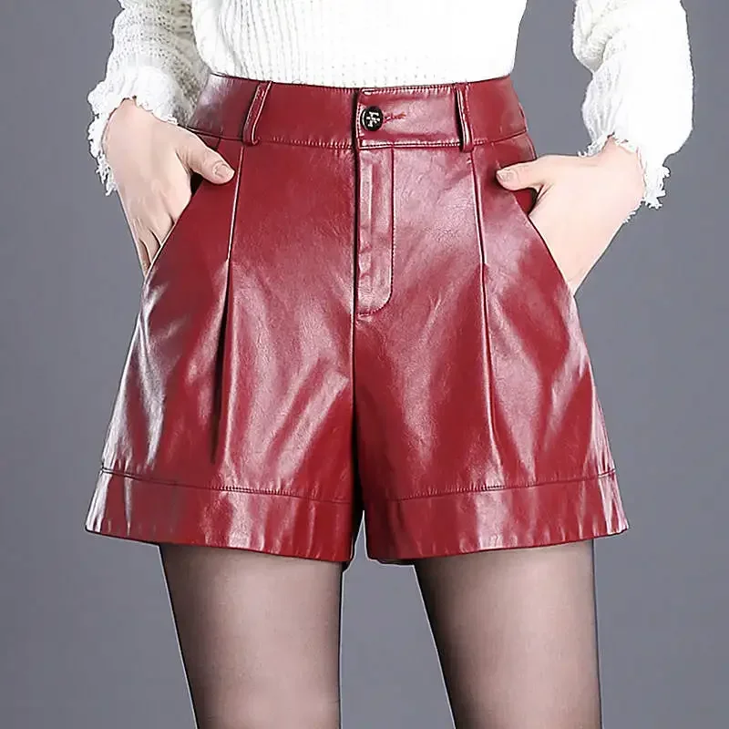 4XL Plus Size High Waist PU Leather Shorts Women Fashion Office Short Femme Black Faux Leather Sexy Shorts Wide Leg Shorts C6092