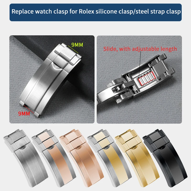 9x9mm Watch Buckle Replace for RX DAYTONA SUBMARINER GMT Watch Band Clasp Stainless Steel Fine-tuning Pull Button Silicone clasp