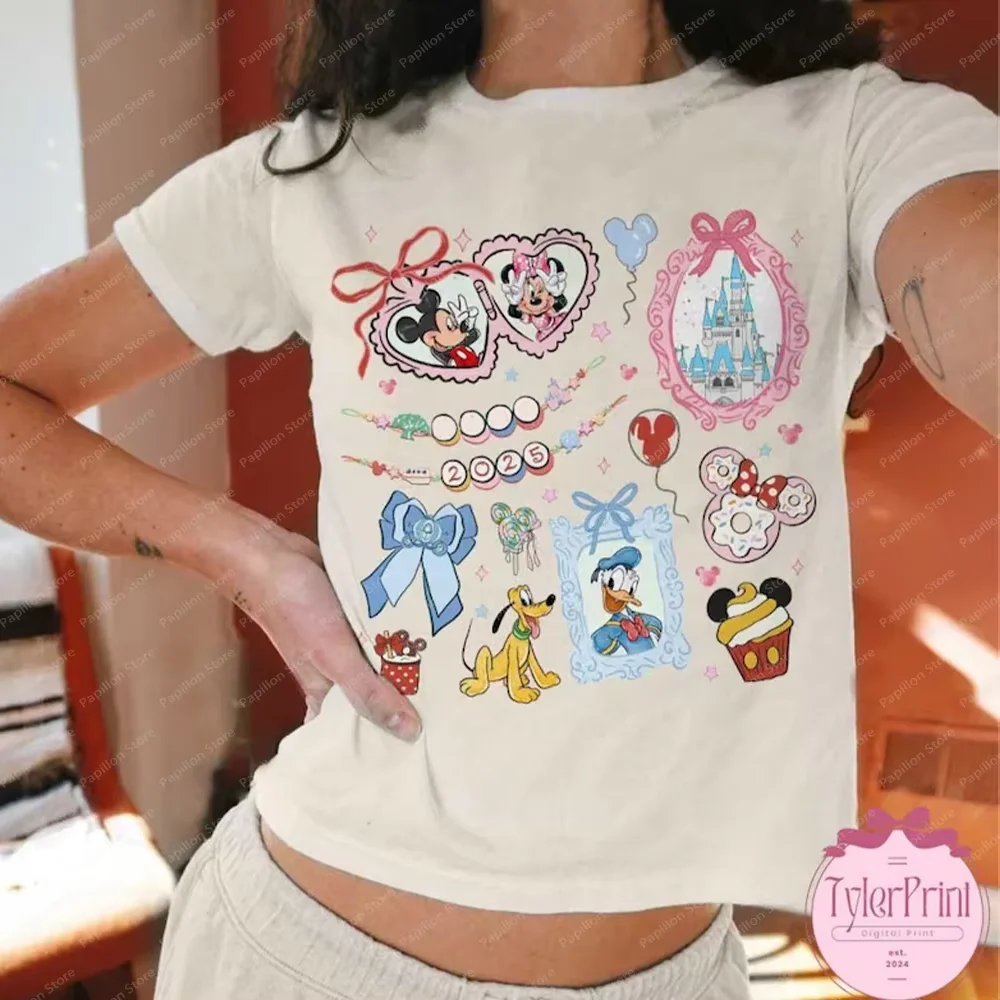 2025 Y2k Mickey Minnie Disney Couple Girls Gift Friends Cropped Top Crop Coquette Bow Short Sexy Shirts Clothes Tee Disneyland