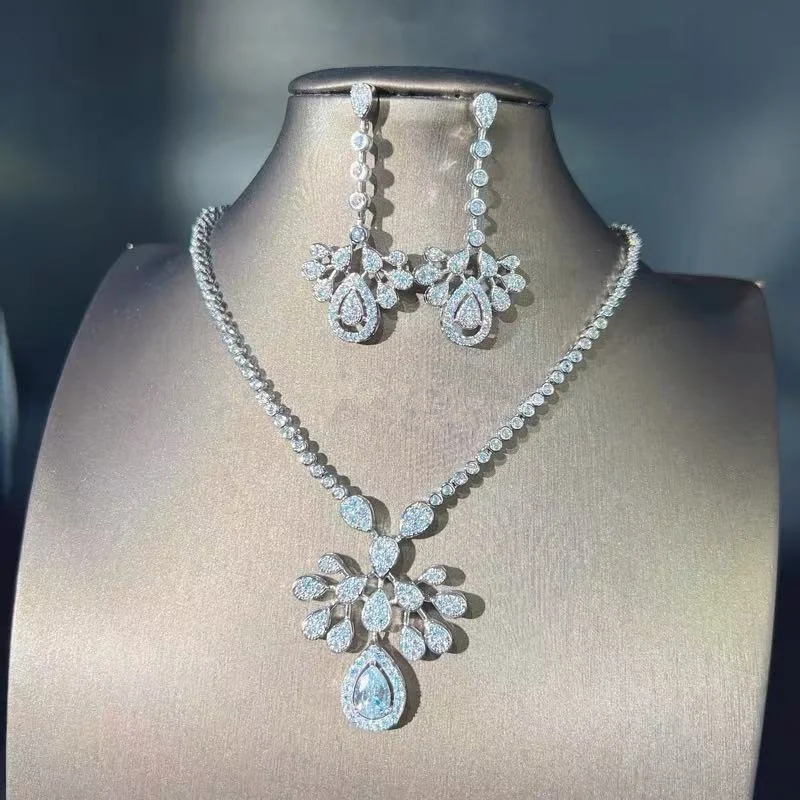 

Choker Necklace Earring Sets For Women Fine Jewelry White Diamand Silver Chain Bridal Engagement Wedding Party Accessories