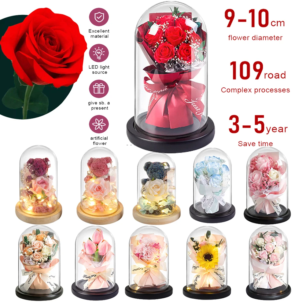 Ramo de flores secas con luces de clavel, tulipán, girasol, rosa en cubierta de vidrio, flores florales, regalo de San Valentín, regalos de cumpleaños