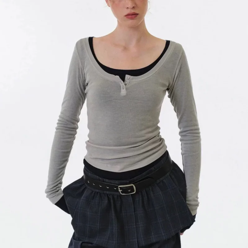 Slim Fit Long Sve U-Ne bouton couleur Pure Base irt haut superposé femme Faion humidité ng mince hiver T-irt