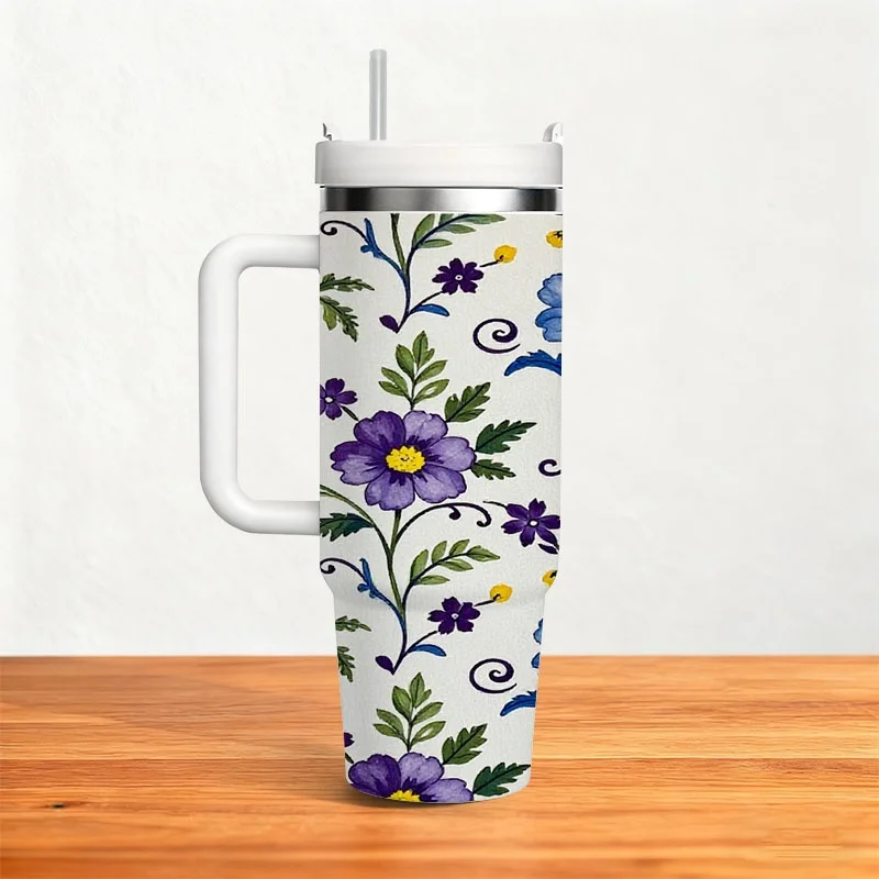 Vibrant Floral Pattern 40Oz Stainless Steel Insulated Tumbler, Digital Print Design with Colorful Blooms, Green Leaves And Whimsical Curves, Reusable Drink Container for Daily Use, Outdoor Trips And Office