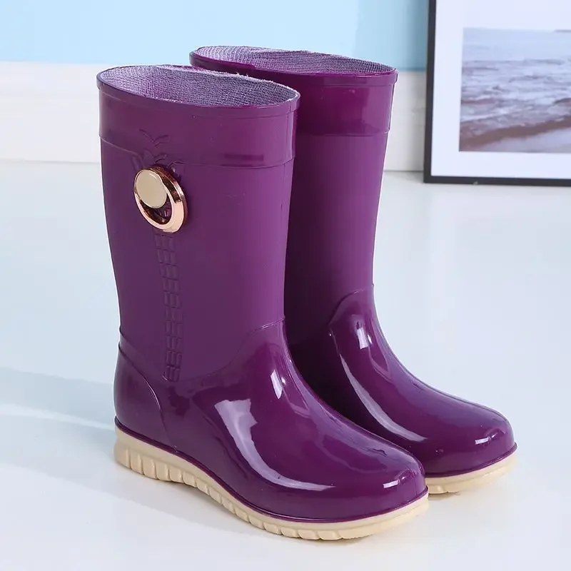 

Fashion Korean Style Mid Calf Rain Boots for Women Comfortable Fleece Lined Anti Slip Rubber Water Shoes