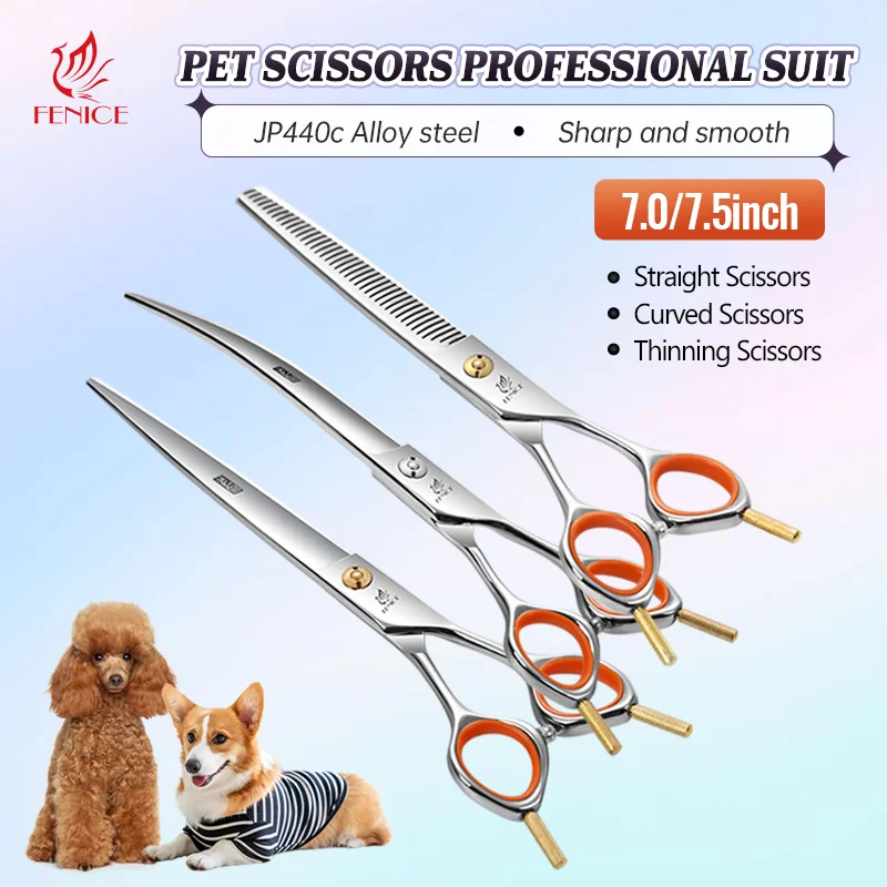 

Fenice Professional JP440C 7.0/7.5 inch Dog Grooming Trimming Scissor Kit Cutting Curved Thinning Shears Set for Pet Dog Groomer
