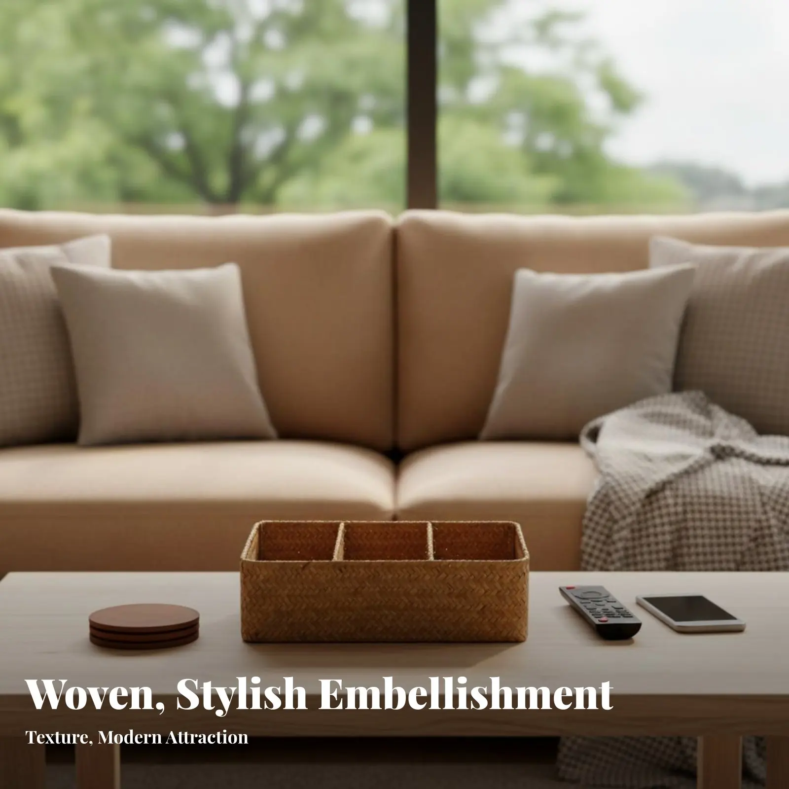 

Woven Compartment Container Versatile Woven Divided Container Rustic and Design Natural Look for Students, Coffee Table, Desk