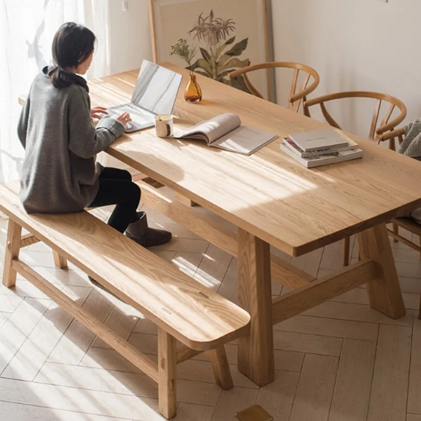 Nordic log solid wood dining table, simple rectangular dining table and chair combination