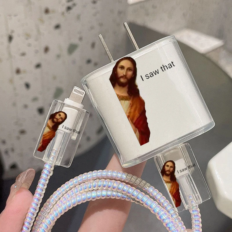 Funny Jesus I Saw That Meme Protection Case for IPhone 15 14 13 Pro Max 18/20W Charger&Charging Protector Data Wire Winder