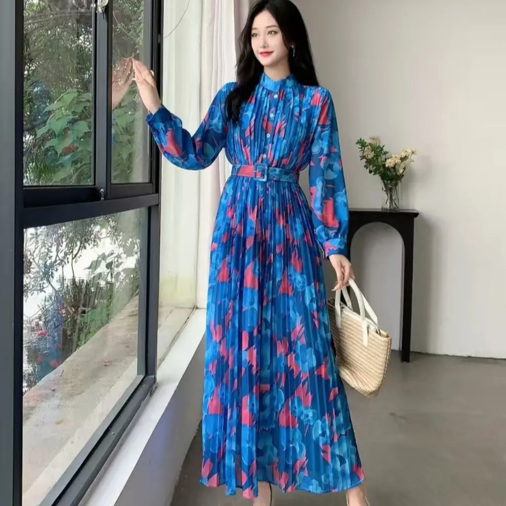 Vestido de gasa ajustado con mangas abullonadas de estilo francés para mujer con estampado floral drapeado plisado para otoño resistente de alta calidad