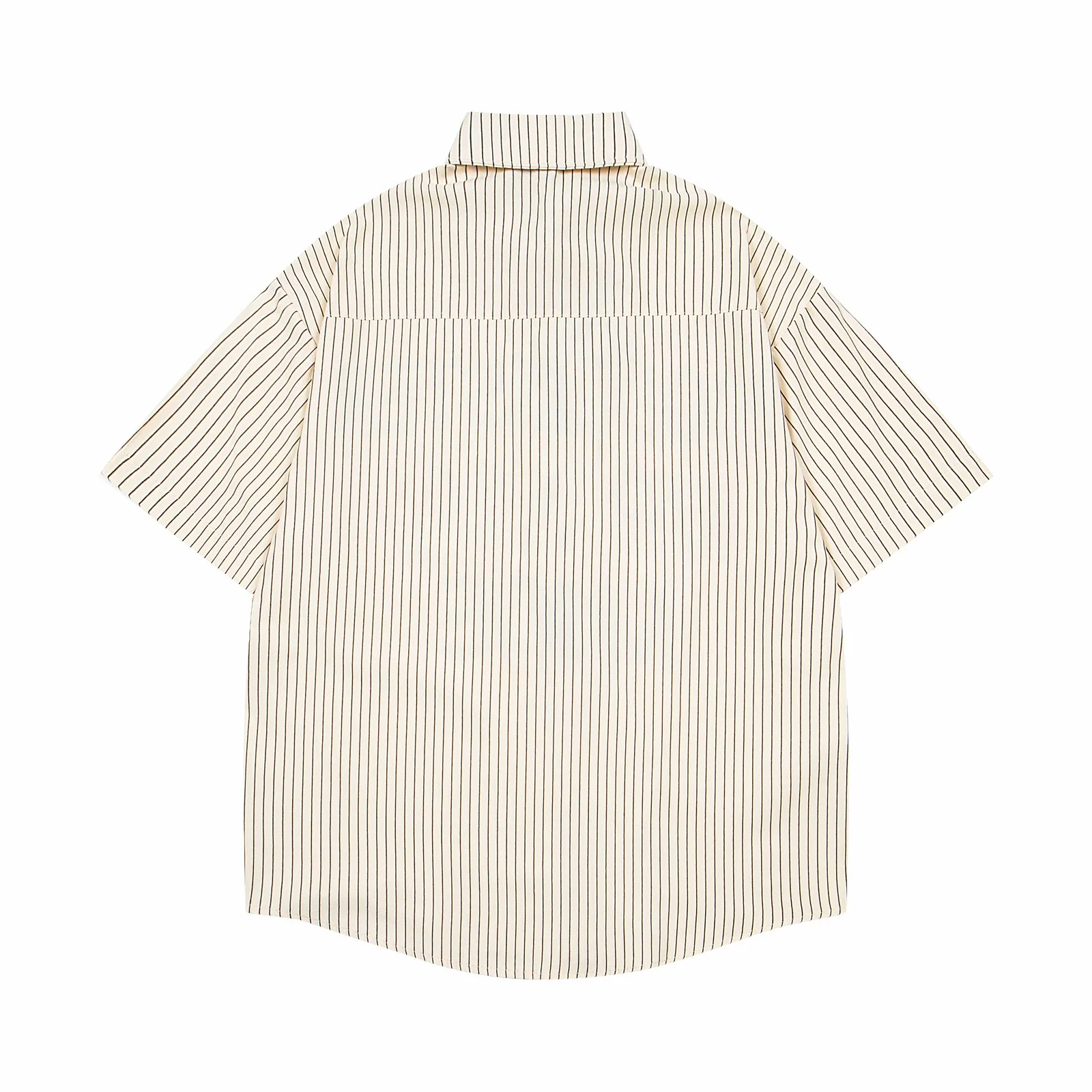 Patchwork Striped Short Sleeve Shirts Mens Summer Pocket Letter Print Retro Casual Loose Lapel Single Breasted Curved Hem Shirts
