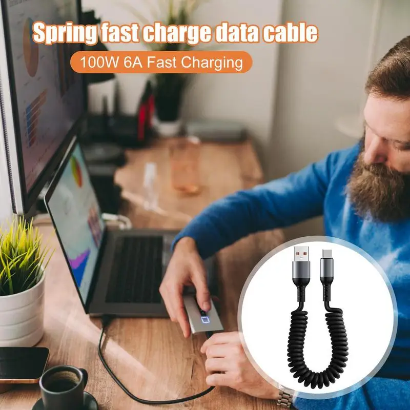 USB C Fast Charging Cable Retractable Type C Charger SpiralUSB C Data Cable Coiled USB Charger Quick Charge USB C Cord