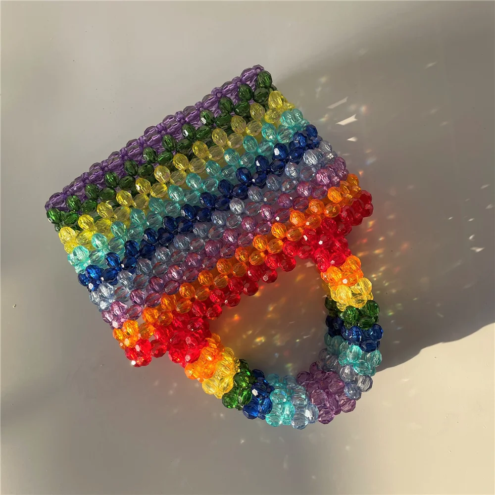 Customized Candy Rainbow Ins Handmade Beaded DIY Colorful Lollipop Small Bag Weaving Female Diagonal Underarm Bead Tote