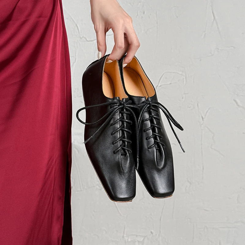 Women Loafers Cow Leather Mules Spring Summer Casual Shoes Lace Up Woman Chic Flats Square Toe Golden Silver Footwear Size 33-42