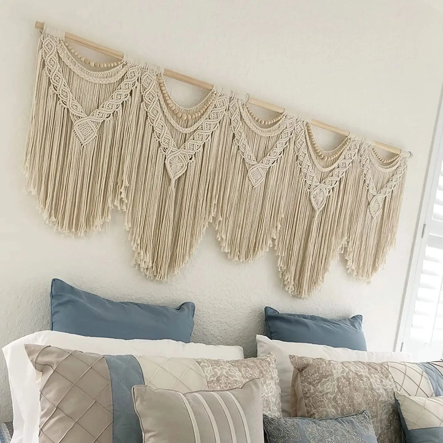 مكرميه شرابة قلادة نسيج مع عصا خشبية الجدار الشنق نسيج اليدوية القطن الحبل مكرميه نسيج ديكور المنزل