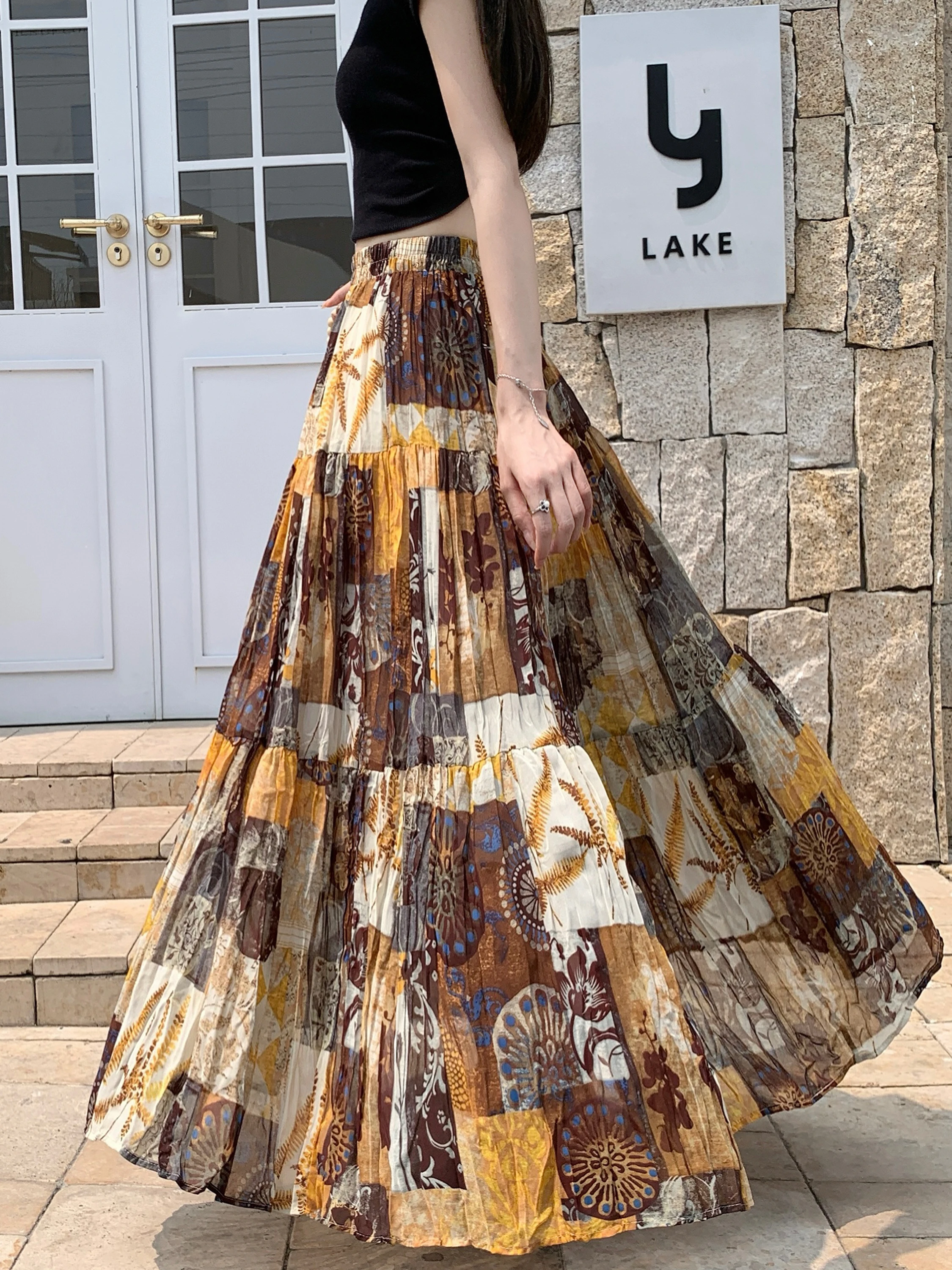 

Bohemian Style A-Line Skirt Women's Summer Thin Chiffon Print Maxi Skirt Commute High Waist Standard Fit with