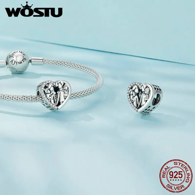 WOSTU 925 Sterling Silver Family Heart Charms Foverlove Moonstone Beads Fit Original Bracelet DIY Necklace Jewelry Making Gift