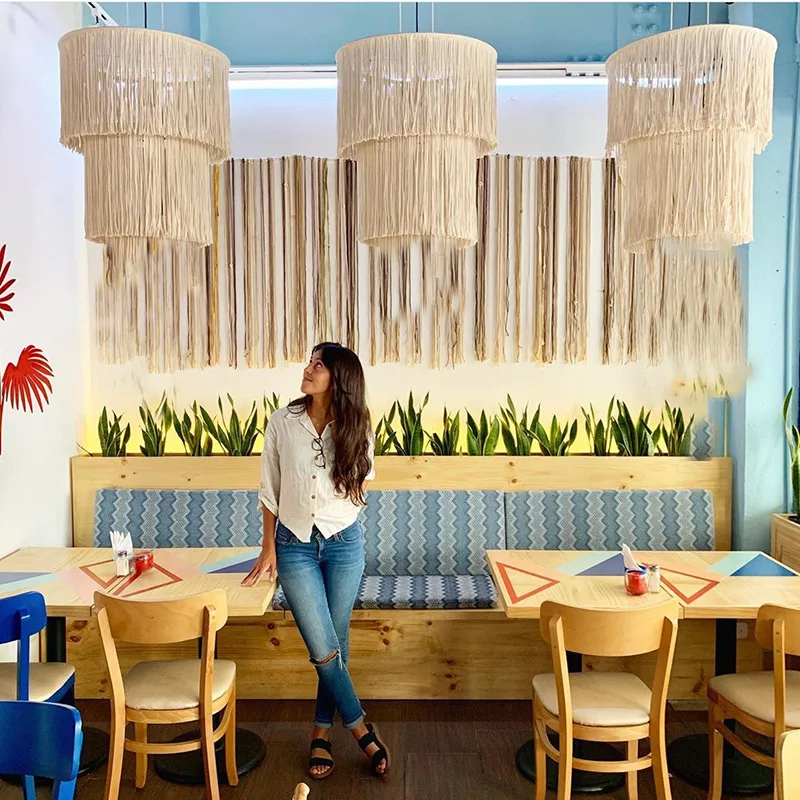 

Boho Decor Handgemaakte Kroonluchter Macrame Lampenkap Katoen Weven Homestay Decoratie Sieraden Ornamenten Tapijt Muur Opknoping