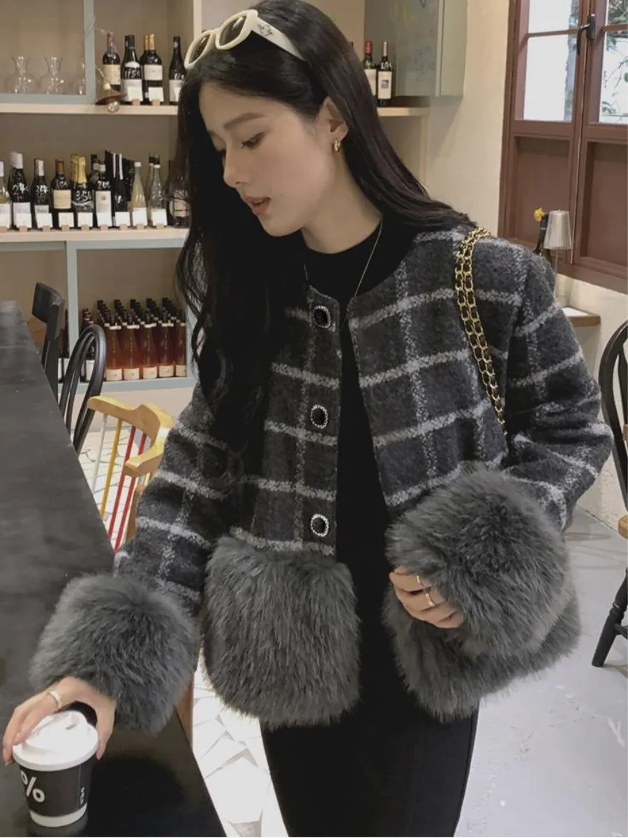 Cuff Fur Splicing Long Sleeved Knitted Cardigan Women's Autumn and Winter New Style Slimming Sweater