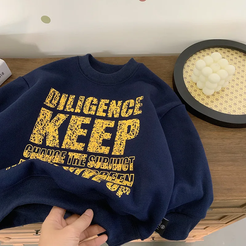 

2025 Winter New Children Fleece Sweatshirt Letter Print Girls Casual Pullover Plus Velvet Thick Kids Boys Warm Sweatshirts
