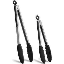 2-Piece Set Food Silicone Grill Tongs Kitchen Cooking Salad Bread Tongs Non-Stick Grill Tongs Steak Tongs Stainless Steel Tools