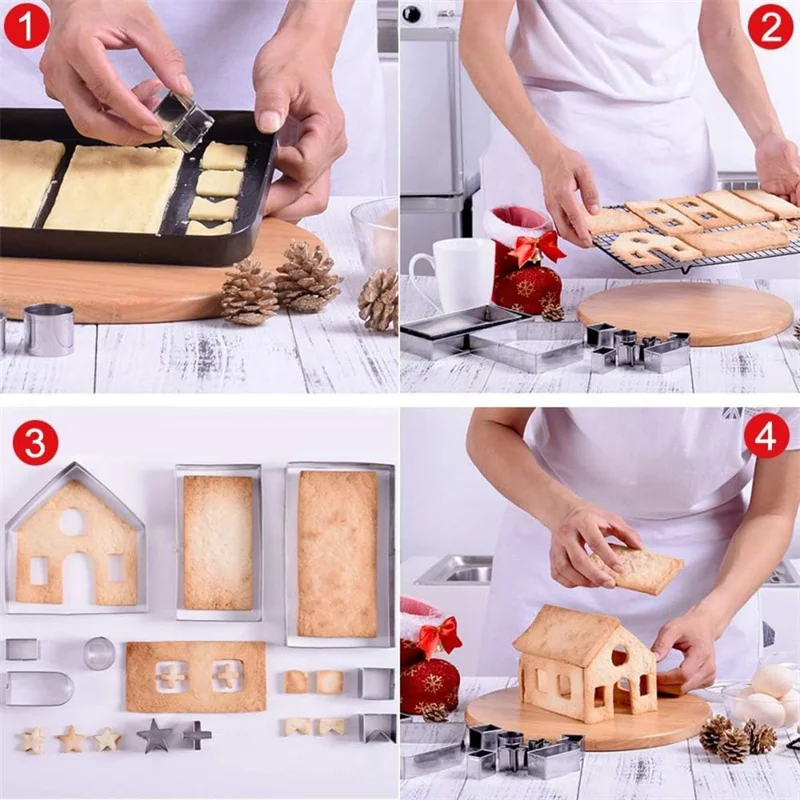 3D Christmas Gingerbread House Cookie Cutters Set Stainless Steel Cartoon Snowflake Biscuit Cutter Dough Donut Fondant Mold view 3