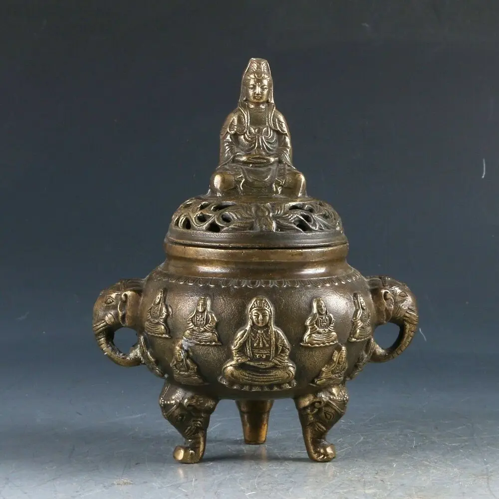 

Chinese Brass Hand Carved Kwan-Yin Incense Burner Ming Dynasty Xuande Mark