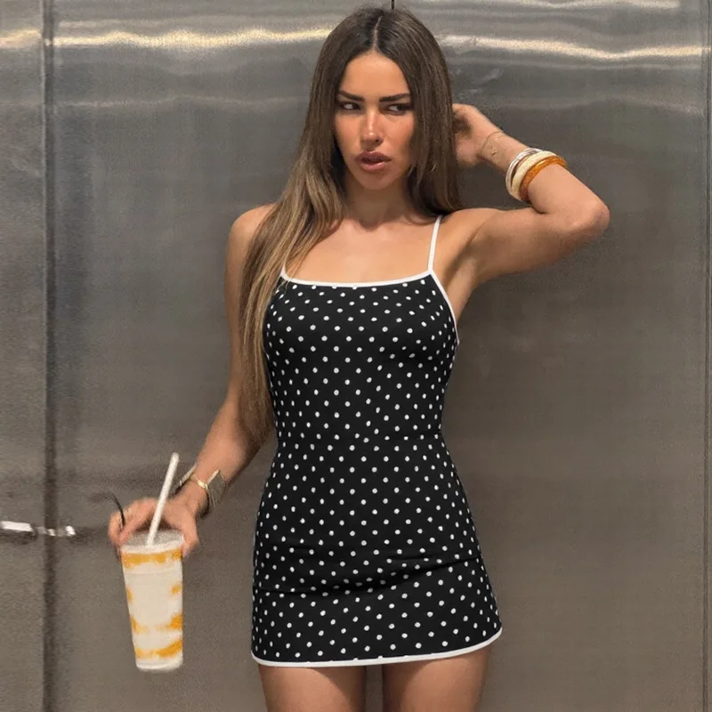 Absobe mujeres negro blanco dibujo de lunares Slip Mini vestido sin espalda Correa elegante Sexy noche ceñido vestido corto ropa de fiesta