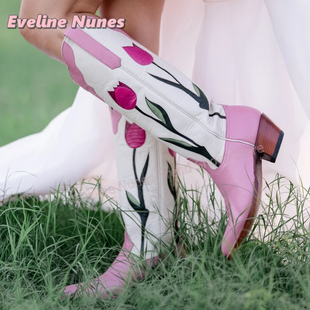 Ladies Western Cowboy Knee High Boots Pink Floral Embroidery Pointed Toe Block Heel Shoes for Country Rodeo Festival Daily Wear