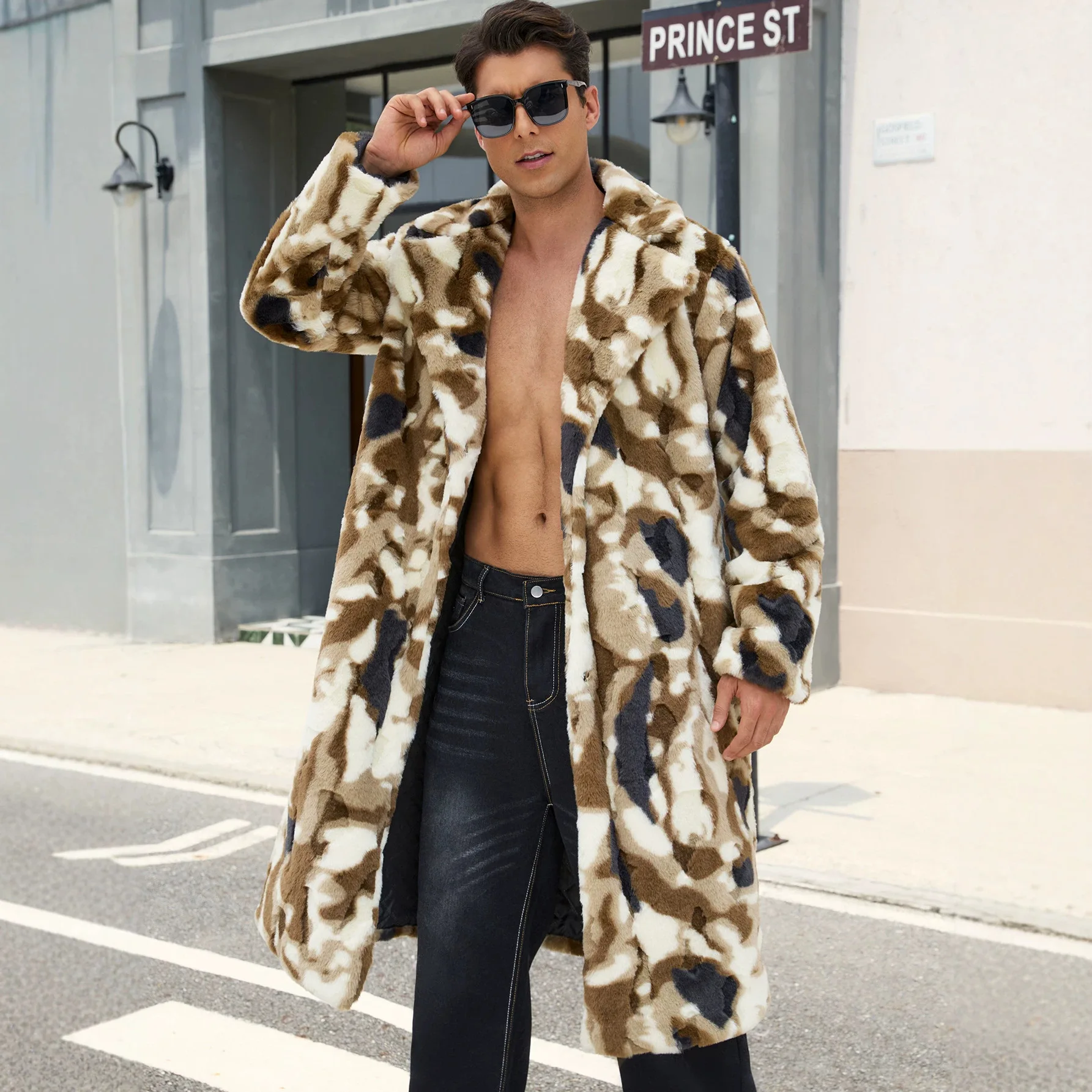 Long Coat Men Faux Rabbit Fur Jackets Turn Down Collar Full Sleeve Coat Thick Warm Outerwear Y2k Streetwear Camouflage Print