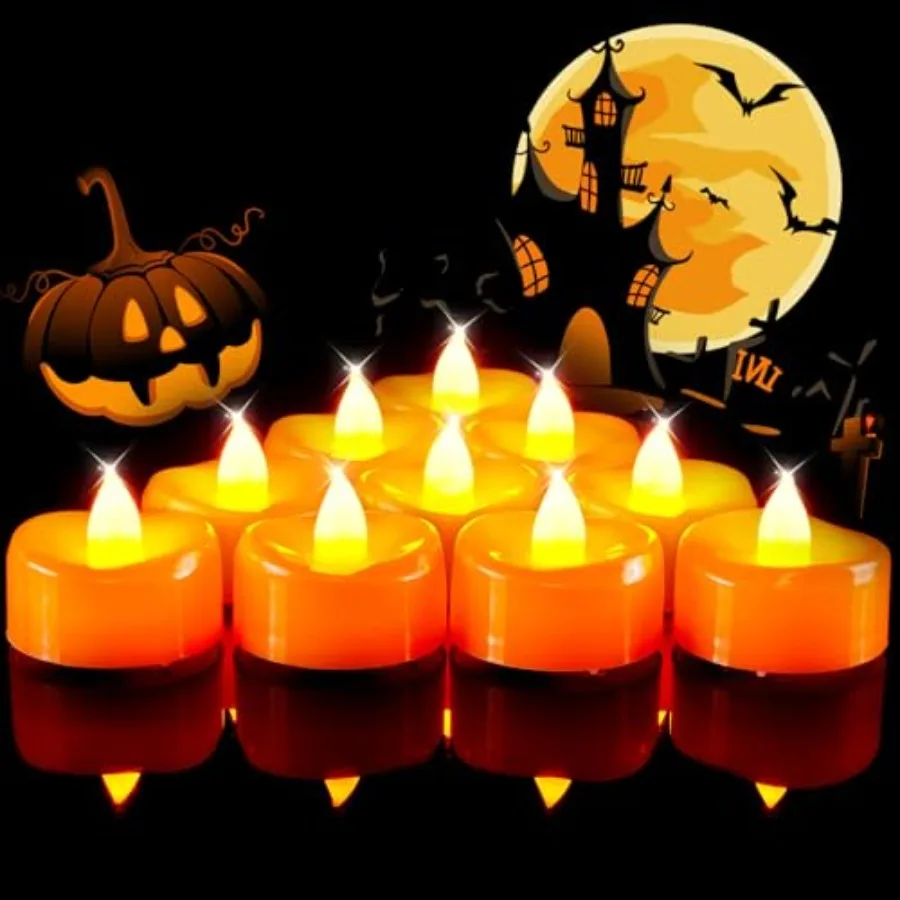24Pack Flameless Candles, Orange Tea Lights Battery Operated, Fake No Flickering Electric Votive Candles for Christmas Halloween view 2