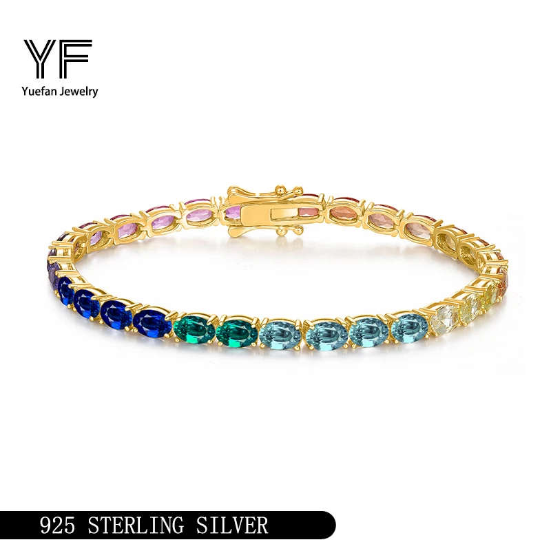 

New S925 Silver Cultivation Pink Blue Treasure Gradient Rainbow 4 * 6mm Tennis Pure Silver Bracelet with Light Luxury Design