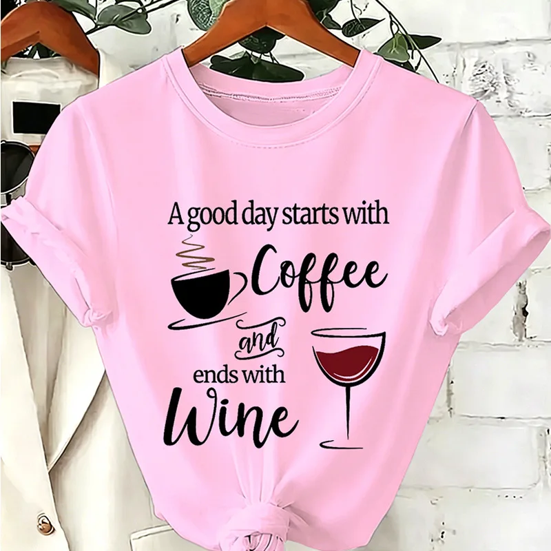 Summer Printing Coffee and Red Wine Pattern Fun Text T-shirt Comfortable Euro Round Neck Short Sleeves Top for Women