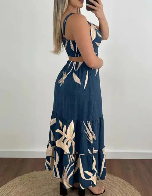 Mode féminine plantes Placement impression découpe taille froncé dos Maxi robe femmes décontracté taille cintrée à volants robes de vacances